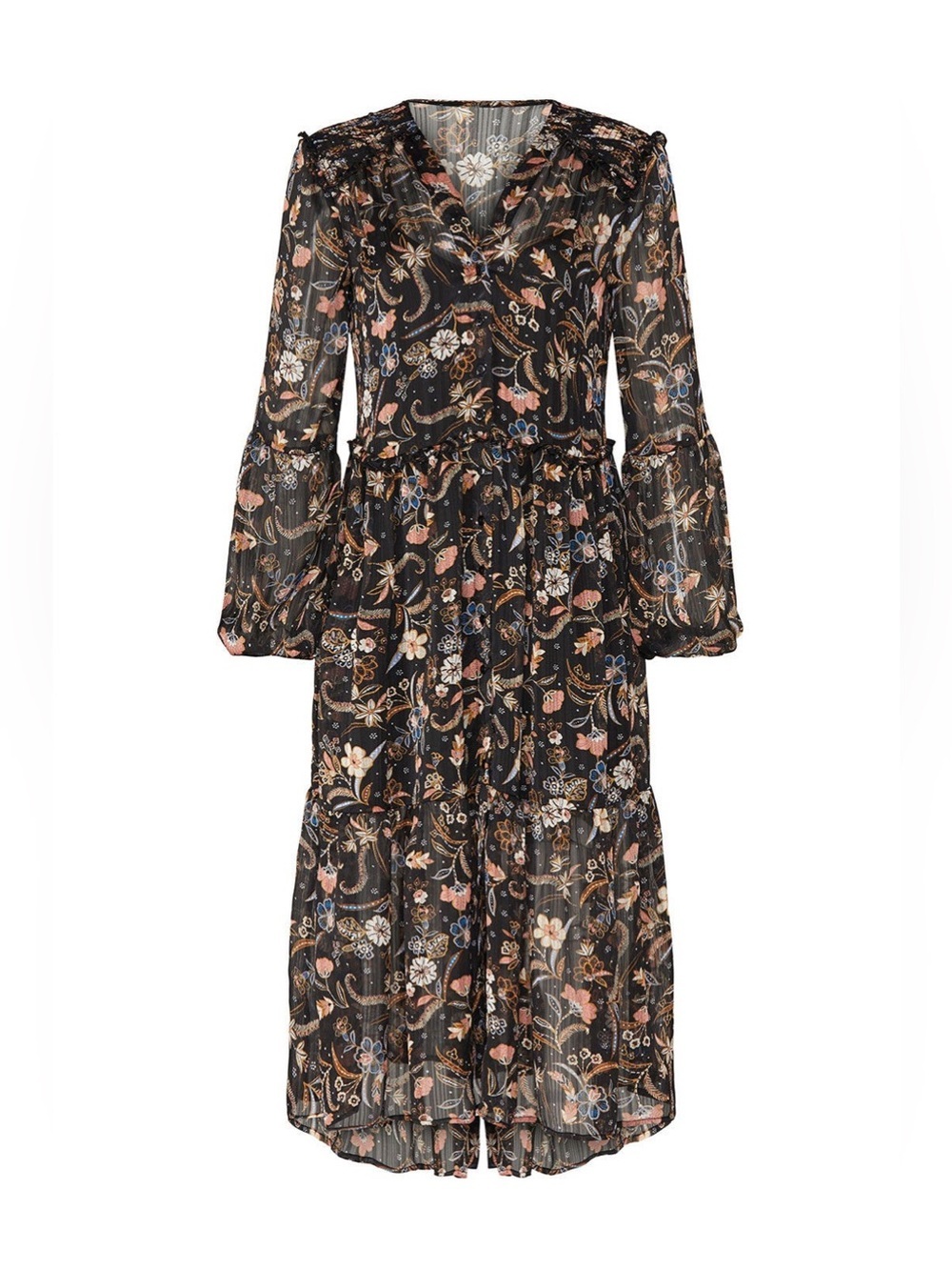 Floral Tiered Long-Sleeve Midi Dress in Black - Picture 5 of 10